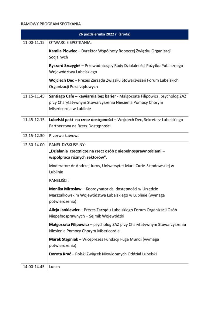 Program VII spotkania plenarnego Lubelskiego Partnerstwa na Rzecz Dostępności w dniu 26 października 2022