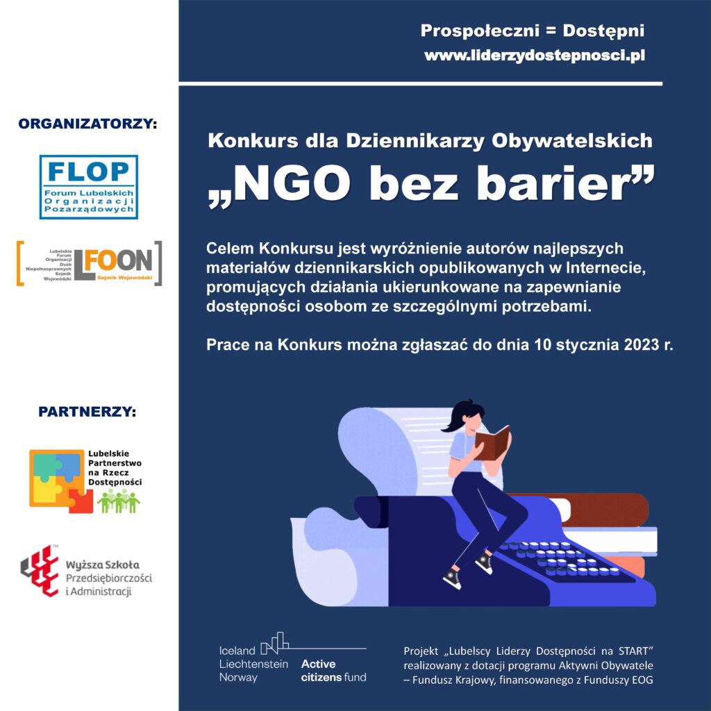 Plakat promujący Konkurs dla Dziennikarzy Obywatelskich "NGO be barier"
