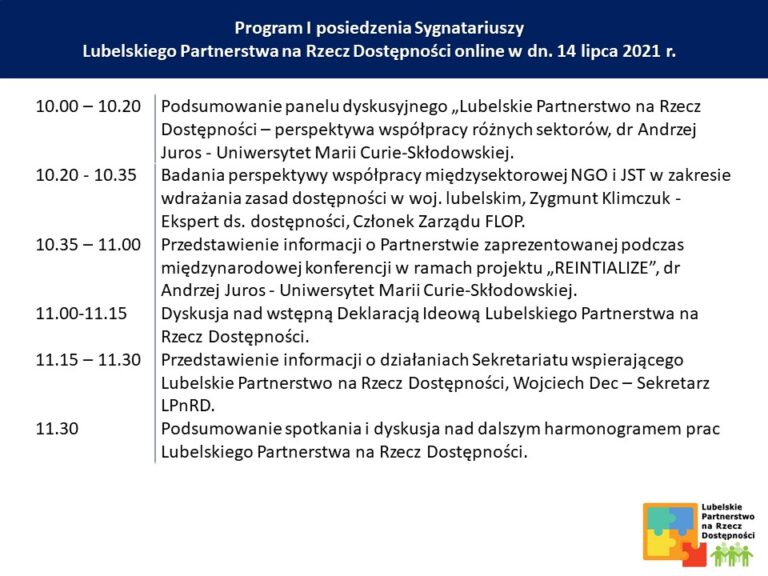 Program I posiedzenia Sygnatariuszy Lubelskiego Partnerstwa na Rzecz Dostępności w dniu 14 lipca 2021 r.