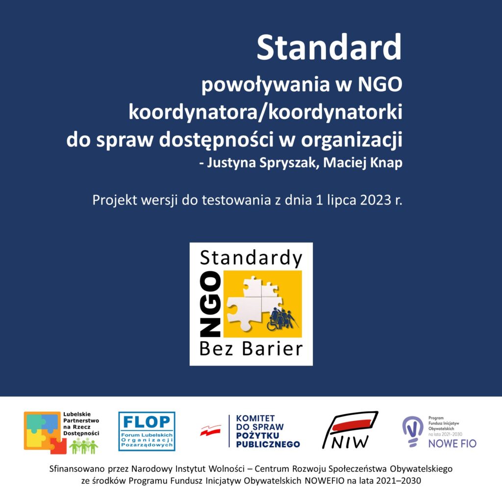 Strona tytułowa: Standard powoływania w NGO koordyntaora/koordynatorki do spraw dostępności w organizacji