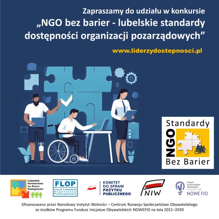 Ulotka: konkurs dla organizacji pozarządowych stosujących standardy "NGO bez barier - lubelskie standardy dostępności organizacji pozarządowych"