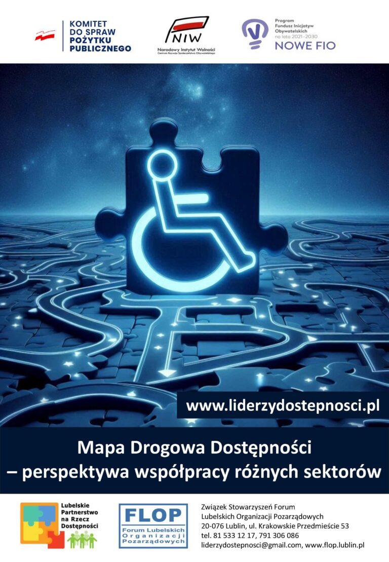 Plakat kampanii społecznej "NGO bez barier" w ramach projektu „Lubelscy Liderzy Dostępności” sfinansowanego przez Narodowy Instytut Wolności – Centrum Rozwoju Społeczeństwa Obywatelskiego ze środków Programu Fundusz Inicjatyw Obywatelskich NOWEFIO na lata 2021–2030