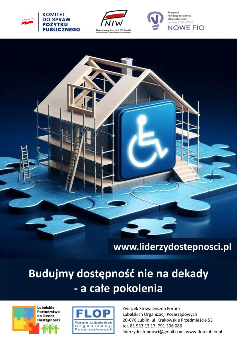 Plakat kampanii społecznej "NGO bez barier" w ramach projektu „Lubelscy Liderzy Dostępności” sfinansowanego przez Narodowy Instytut Wolności – Centrum Rozwoju Społeczeństwa Obywatelskiego ze środków Programu Fundusz Inicjatyw Obywatelskich NOWEFIO na lata 2021–2030