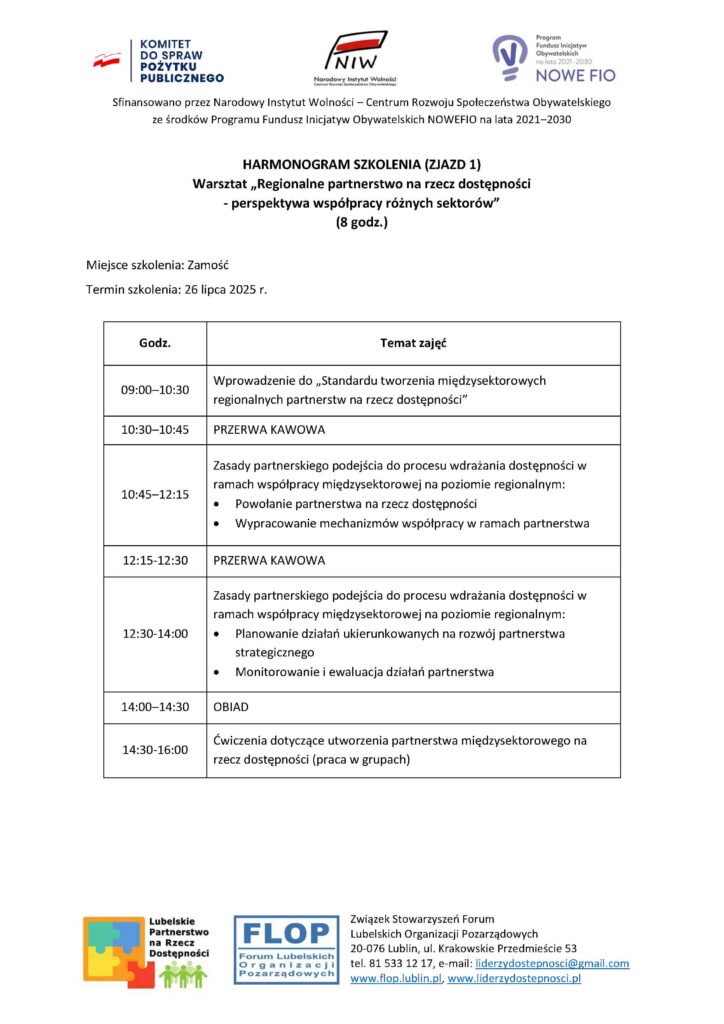 Program warsztatu "Regionalne partnerstwa na rzecz dostępności - perspektywa współpracy różnych sektorów" w ramach projektu „Lubelscy Liderzy Dostępności” sfinansowanego przez Narodowy Instytut Wolności – Centrum Rozwoju Społeczeństwa Obywatelskiego ze środków Programu Fundusz Inicjatyw Obywatelskich NOWEFIO na lata 2021–2030