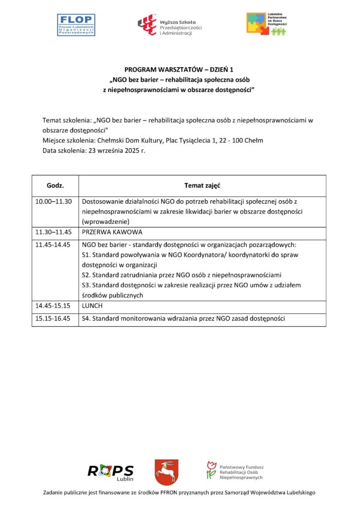 Program szkolenia „NGO bez barier – rehabilitacja społeczna osób z niepełnosprawnościami w obszarze dostępności”. Dzień 1