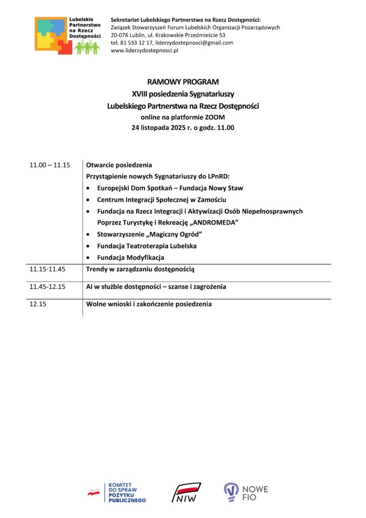 Program18. posiedzenia Lubelskiego Partnerstwa na Rzecz dostępności w dniu 24 listopada 2025 roku.