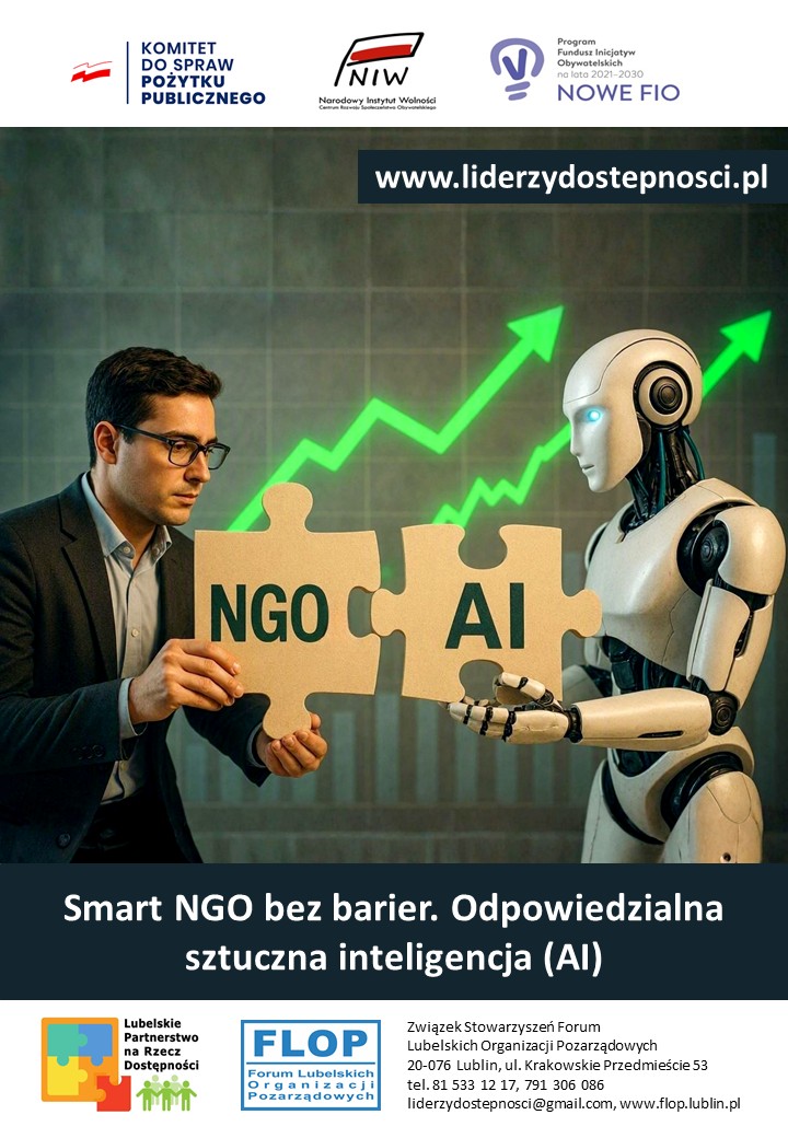 Plakat kampanii społecznej "NGO bez barier" w ramach projektu „Lubelscy Liderzy Dostępności” sfinansowanego przez Narodowy Instytut Wolności – Centrum Rozwoju Społeczeństwa Obywatelskiego ze środków Programu Fundusz Inicjatyw Obywatelskich NOWEFIO na lata 2021–2030