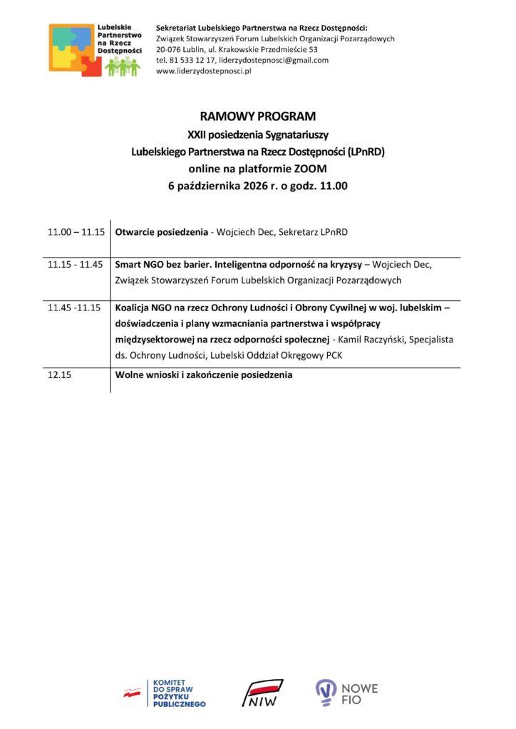 Program XXII posiedzenia Sygnatariuszy Lubelskiego Partnerstwa na Rzecz Dostępności w dniu 6 października 2026 r. (wtorek) o godz. 11.00